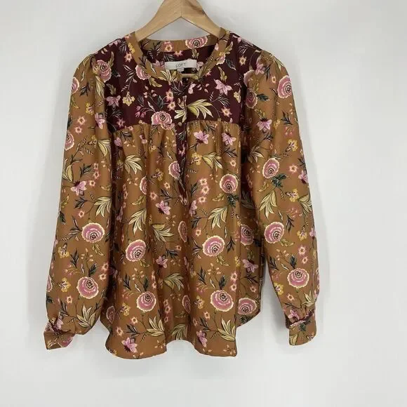 Loft Top Size Small Rust Mix Floral Print Long Sleeve Henley Top Puff Sleeve - Picture 1 of 10